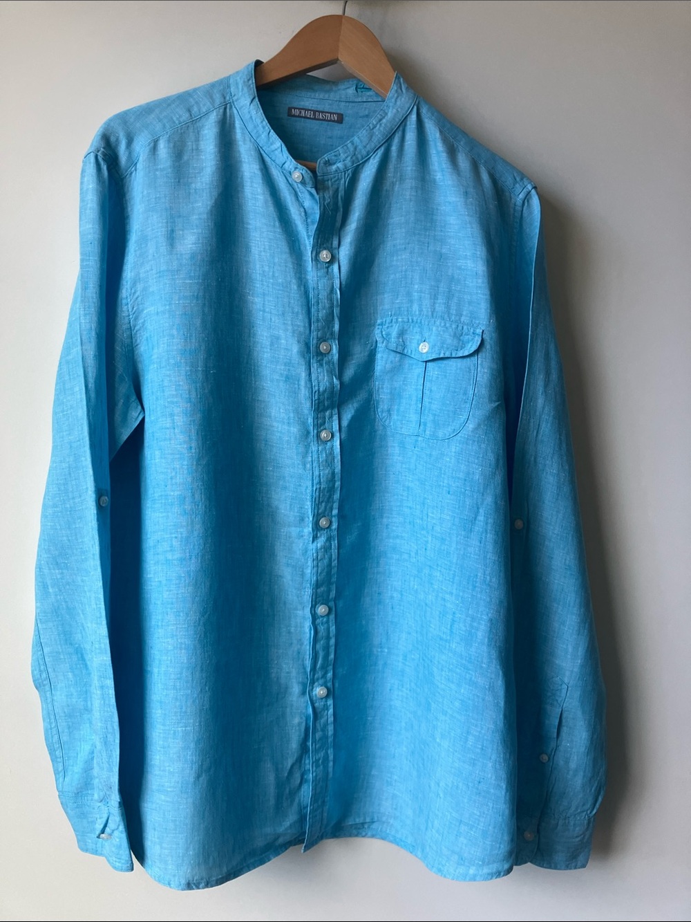 MICHAEL BASTIAN Light Turquoise Blue Linen Mandarin-Collar Button-Down Shirt L